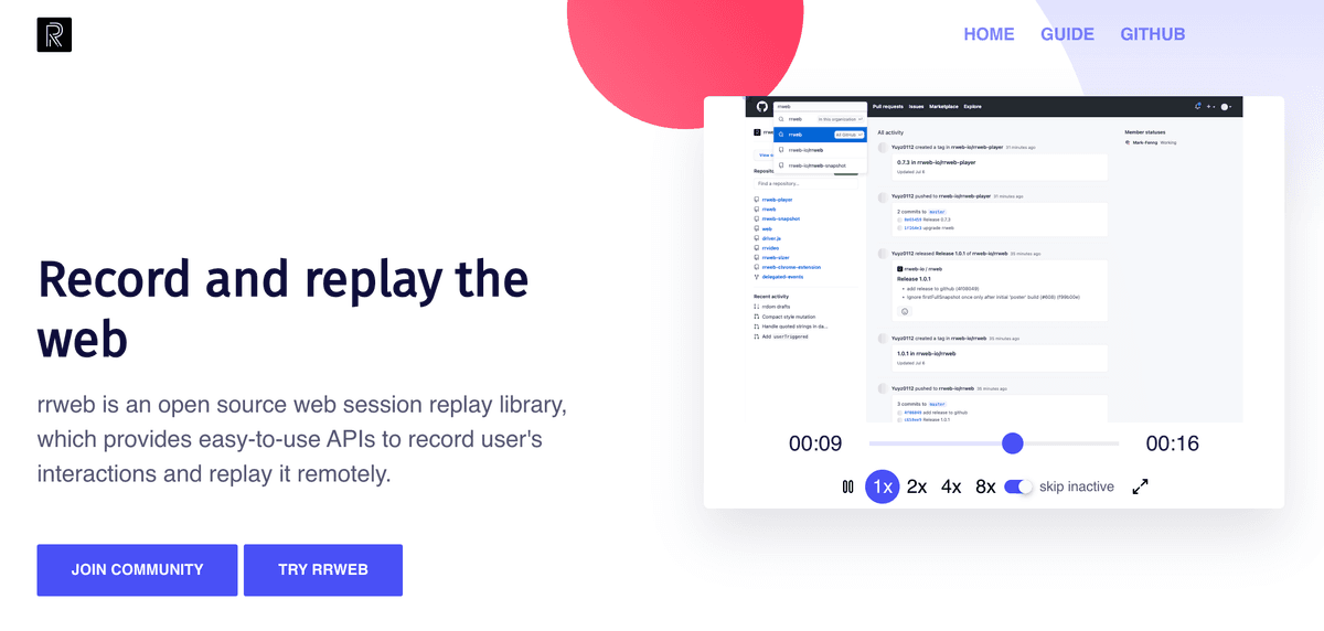 screenshot of rrweb homepage